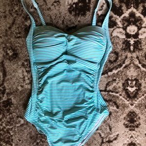 Niptuck Swim green and white stripe bathing suit